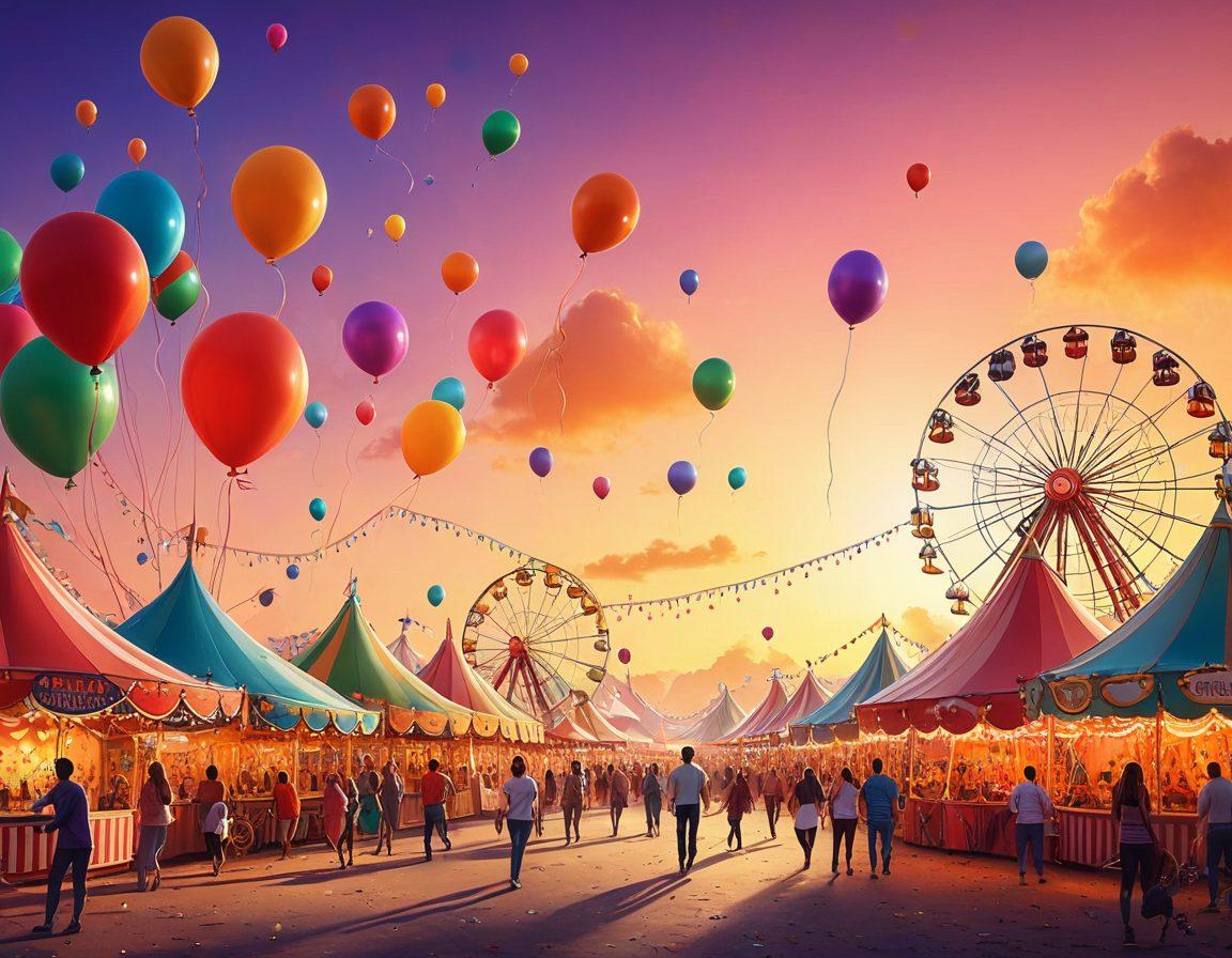 A vibrant and playful scene featuring a whimsical carnival setting filled with colorful tents and oversized funfair games. Include joyful adults engaging in various playful activities like juggling and dancing, surrounded by a backdrop of bright balloons and confetti. Emphasize a sense of fun and lightheartedness, with glowing lights and a sunset sky to enhance the cheerful atmosphere. cartoon style. vibrant colors. 3D.