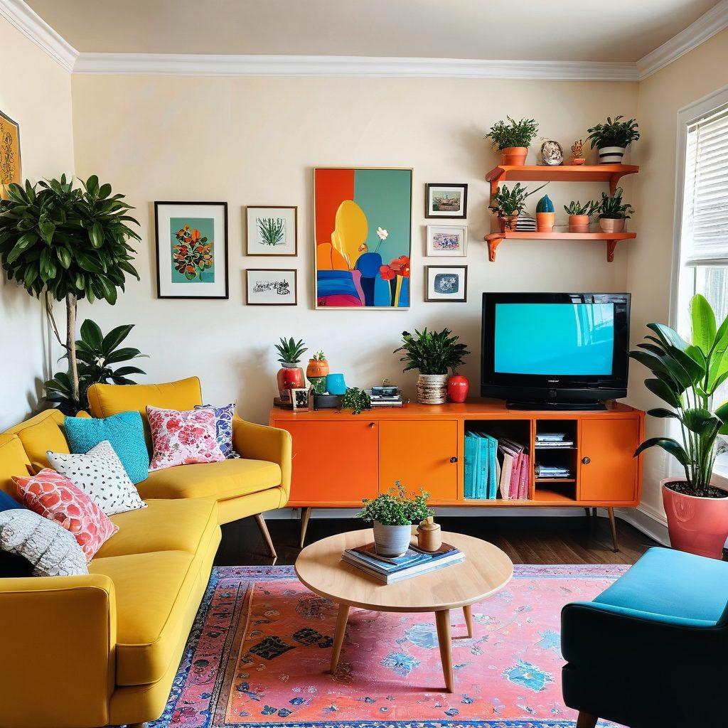 A vibrant and playful scene depicting a whimsical living room filled with colorful cushions and a cozy sofa. A large vintage television showcases humorous animated characters, while laughter and joy radiate from the screen. Surrounding elements include playful decor like cartoonish wall art and quirky plants. The ambiance is inviting and light-hearted, perfect for a cozy viewing experience. cartoon style. vivid colors. playful atmosphere.