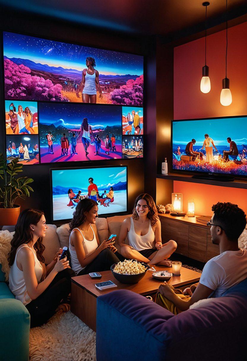 A vibrant, abstract representation of diverse individuals enjoying a cozy streaming night, surrounded by colorful screens displaying various erotic art styles. Include cozy lighting and playful expressions, with elements of joy and connection in the atmosphere. Incorporate various entertainment symbols like popcorn and a remote control to convey relaxation. super-realistic. vibrant colors. cozy atmosphere.